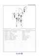Diagramm einer Kludi Waschtischarmatur mit einer Auflistung von Komponenten, darunter Griffe, Auslauf, Strahlregler und Ablaufgarnitur.